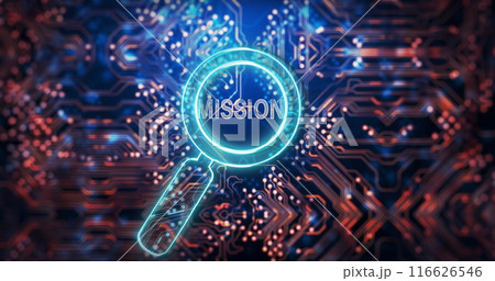 Image of mission text over reading glass and data processing 116626546