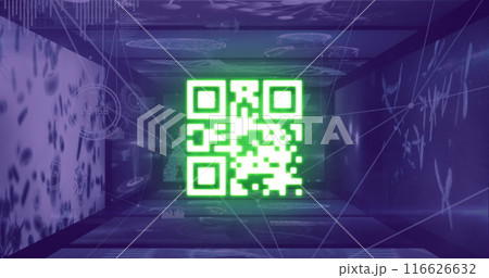 Digital image of glowing qr code against glowing neon blue tunnel on black background Digital image of glowing qr code against glowing neon blue tunnel on black background 116626632