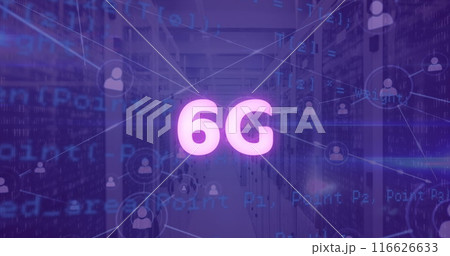 Image of network of connections with icons and data processing over blue background Image of network of connections with icons and data processing over blue background 116626633