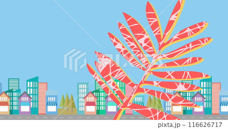 Image of leaf over cityscape on blue background 116626717