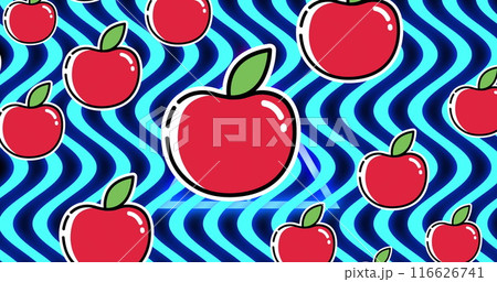 Image of apples floating over wavy blue background 116626741