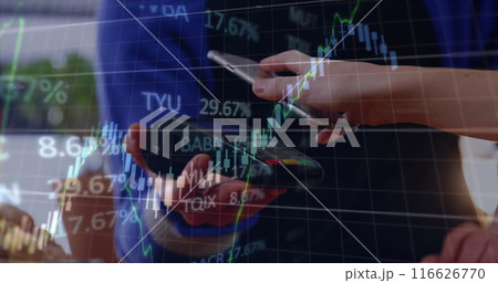 Image of financial data processing over caucasian man using smartphone 116626770