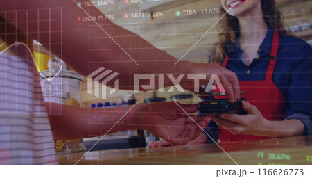 Image of data processing over hands paying with smartphone 116626773