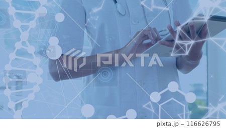 Image of data processing over caucasian female doctor with tablet 116626795