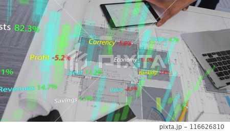 Image of data processing over desk with tablet and laptop 116626810