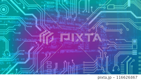 A composite of a blue and purple gradient background with a microprocessor circuit board in the fore A composite of a blue and purple gradient background with a microprocessor circuit board in the fore 116626867
