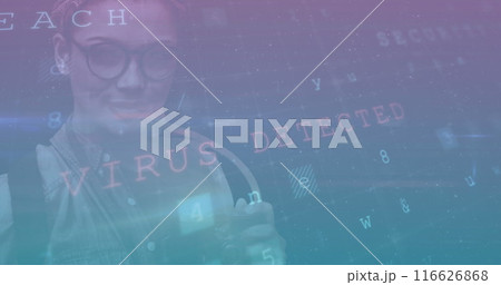 Image of cyber attack data processing over woman using tablet 116626868