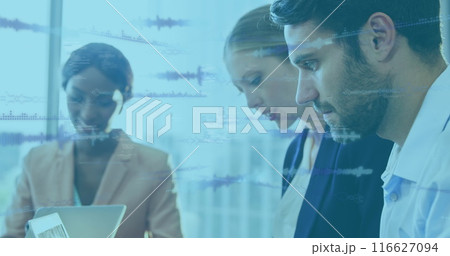 Image of data and glitch moving over diverse businesspeople working Image of data and glitch moving over diverse businesspeople working 116627094