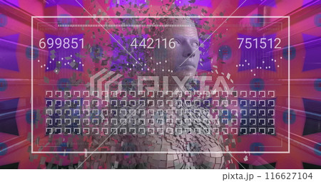 Image of data processing and digital human over shapes on purple background 116627104