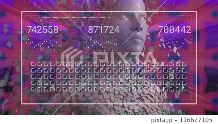 Image of data processing and digital human over shapes on purple background 116627105
