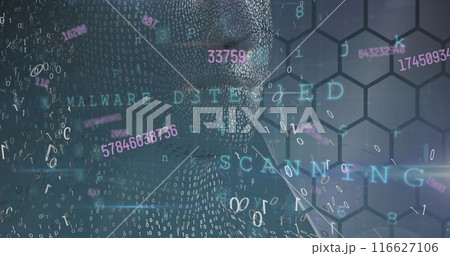 Image of data processing and digital human over shapes on grey background 116627106