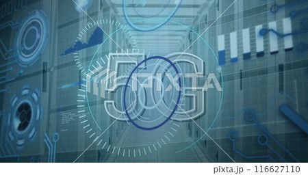 Image of scope scanning with 5g text and data processing over server room 116627110