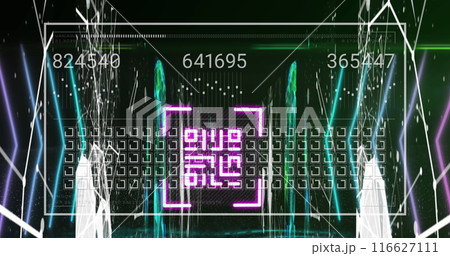 Image of data processing with qr code over shapes on black background 116627111