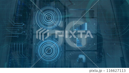 Image of scope scanning with 5g text and data processing over caucasian woman in server room 116627113
