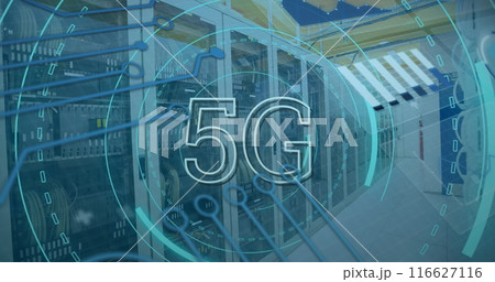 Image of scope scanning with 5g text and data processing over server room 116627116