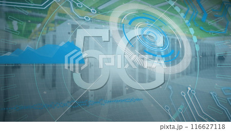 Image of scope scanning with 5g text and data processing over server room 116627118