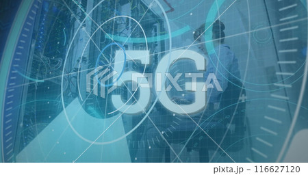 Image of scope scanning with 5g text and data processing over caucasian woman in server room 116627120