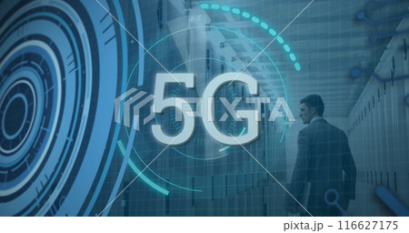 Image of scope scanning with 5g text and data processing over caucasian man in server room Image of scope scanning with 5g text and data processing over caucasian man in server room 116627175