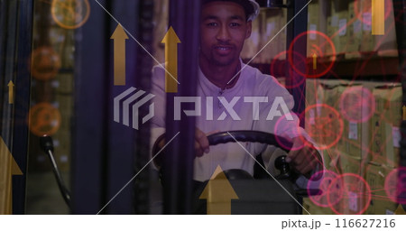 Image of data processing over african american male worker in warehouse 116627216