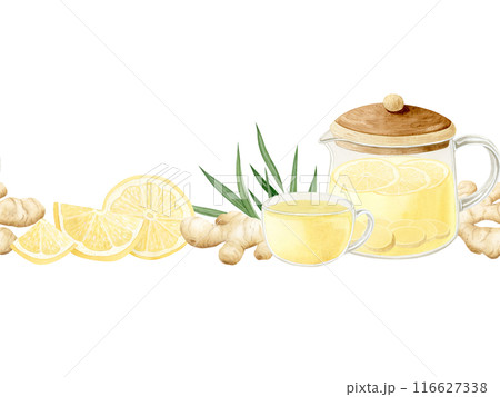Lemon ginger herbal tea in glass teapot and cup watercolor seamless border isolated on white background. Hand drawn organic hot beverage banner for traditional healthy recipes and cafe menu Lemon ginger herbal tea in glass teapot and cup watercolor seamless border isolated on white background. Hand drawn organic hot beverage banner for traditional healthy recipes and cafe menu 116627338