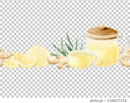 Lemon ginger herbal tea in glass teapot and cup watercolor seamless border isolated on white background. Hand drawn organic hot beverage banner for traditional healthy recipes and cafe menu Lemon ginger herbal tea in glass teapot and cup watercolor seamless border isolated on white background. Hand drawn organic hot beverage banner for traditional healthy recipes and cafe menu 116627338