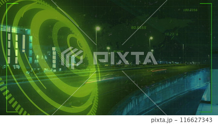 Image of neon round scanner and light trails against city traffic at night Image of neon round scanner and light trails against city traffic at night 116627343