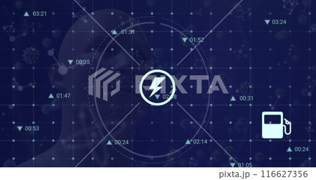 Image of digital icons over dna structure and covid-19 cells floating against human head model Image of digital icons over dna structure and covid-19 cells floating against human head model 116627356