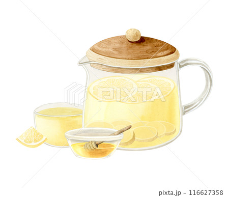 Ginger tea in tea pot with lemon and honey in glass bowl with wooden spoon watercolor illustration isolated on white background. Hand drawn organic healthy hot beverage Ginger tea in tea pot with lemon and honey in glass bowl with wooden spoon watercolor illustration isolated on white background. Hand drawn organic healthy hot beverage 116627358