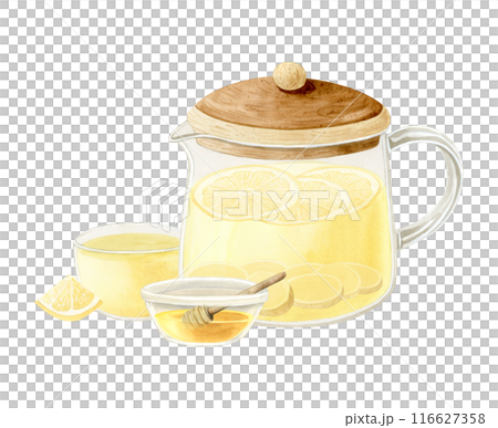 Ginger tea in tea pot with lemon and honey in glass bowl with wooden spoon watercolor illustration isolated on white background. Hand drawn organic healthy hot beverage Ginger tea in tea pot with lemon and honey in glass bowl with wooden spoon watercolor illustration isolated on white background. Hand drawn organic healthy hot beverage 116627358