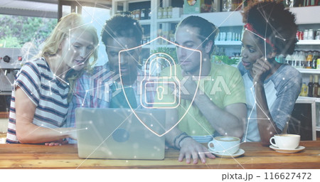 Image of padlock in shield, dots forming geometric shapes on diverse friends discussing in cafes 116627472