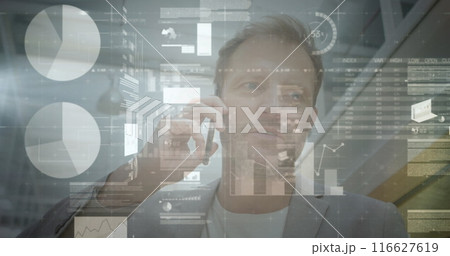 Image of financial data processing over man using smartphone 116627619