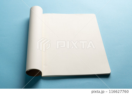 An open blank notebook lies on a blue surface, with copy space 116627760