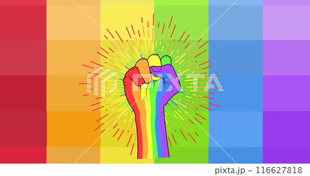 Image of rainbow fist over rainbow background Image of rainbow fist over rainbow background 116627818