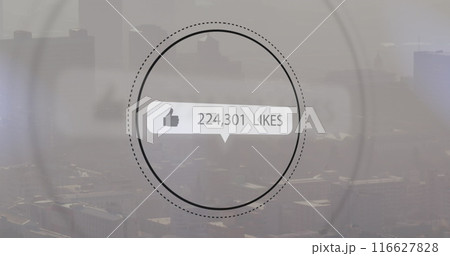 Image of social media icon and data processing over cityscape 116627828