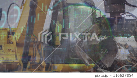 Image of financial data processing and statistics over machinery in wasteland 116627854