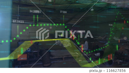 Image of financial data processing and statistics over factory 116627856