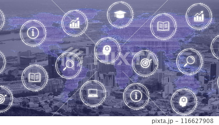 Image of icons and data processing over cityscape 116627908