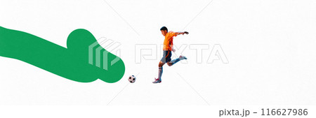 Banner. Contemporary art collage. Young man, football player passing ball in motion with dynamic line against white studio background, Banner. Contemporary art collage. Young man, football player passing ball in motion with dynamic line against white studio background, 116627986