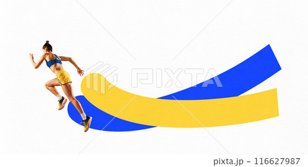 Poster. Contemporary art collage. Young woman, athlete running in motion with dynamic yellow-blue lines against white background. Poster. Contemporary art collage. Young woman, athlete running in motion with dynamic yellow-blue lines against white background. 116627987