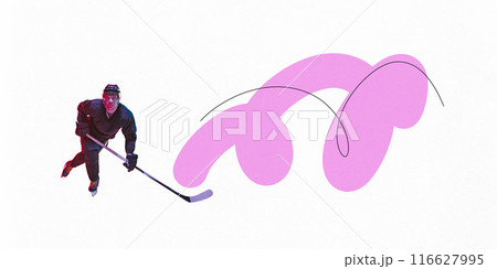 Poster. Contemporary art collage. Hockey athlete playing focused on victory against white background with dynamic lines. Poster. Contemporary art collage. Hockey athlete playing focused on victory against white background with dynamic lines. 116627995
