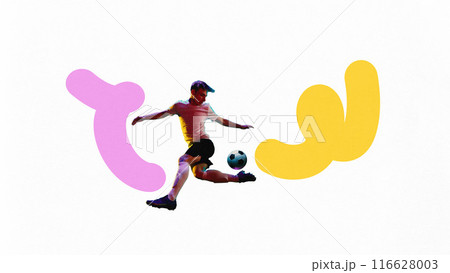 Poster. Contemporary art collage. Football athlete playing football against white background with colorful lines repeat his moves. Poster. Contemporary art collage. Football athlete playing football against white background with colorful lines repeat his moves. 116628003