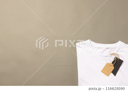 A plain white t-shirt with a price tag attached lies against a neutral background, with copy space 116628090