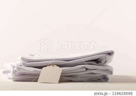 A neatly folded lavender shirt with a blank tag attached, with copy space 116628098