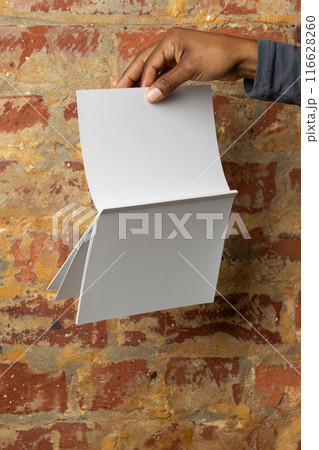 African American hand holding a blank brochure against a brick wall, with copy space African American hand holding a blank brochure against a brick wall, with copy space 116628260