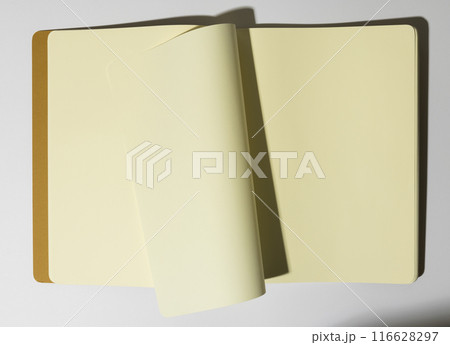 An open blank notebook lies on a white surface with copy space An open blank notebook lies on a white surface with copy space 116628297