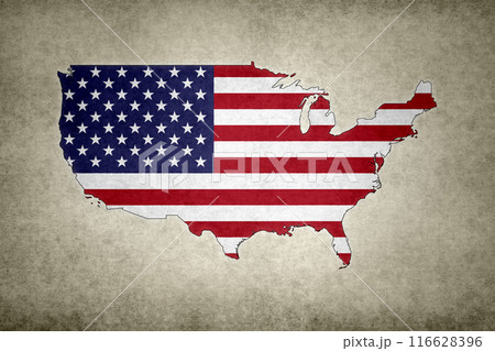 Map of the USA with its flag on an old paper 116628396