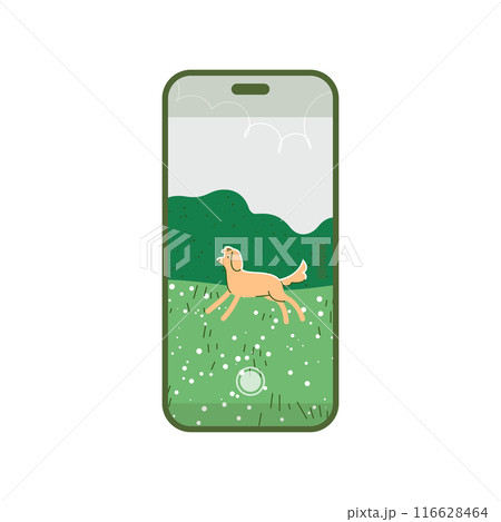 Smartphone screen with dog running on the nature, vlog recording 116628464