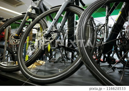 Mountain bike on rack showcase in shop closeup on bicycle wheels 116628533