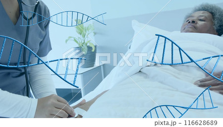 Doctor examining patient in hospital bed with DNA helix graphics overlaying image Doctor examining patient in hospital bed with DNA helix graphics overlaying image 116628689