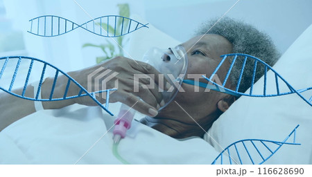 Patient in hospital bed using oxygen mask, surrounded by DNA helix graphics Patient in hospital bed using oxygen mask, surrounded by DNA helix graphics 116628690